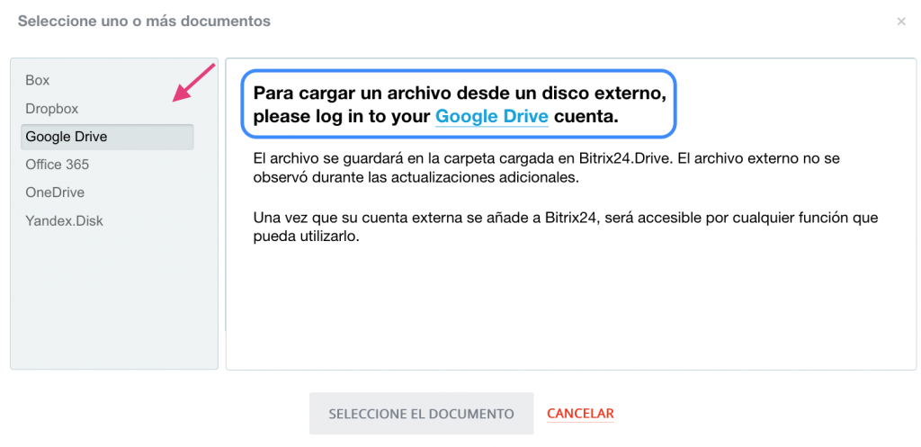 OneDrive, Box, Dropbox y Google Drive en Bitrix24