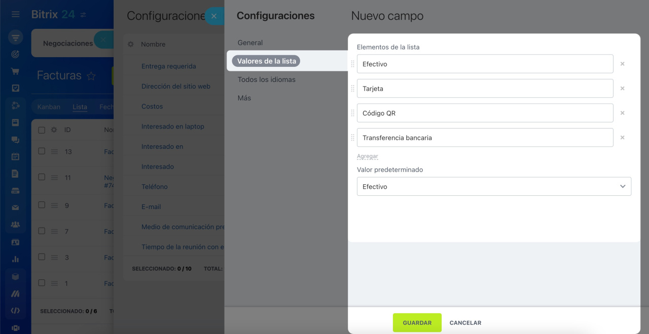 Valores de la lista